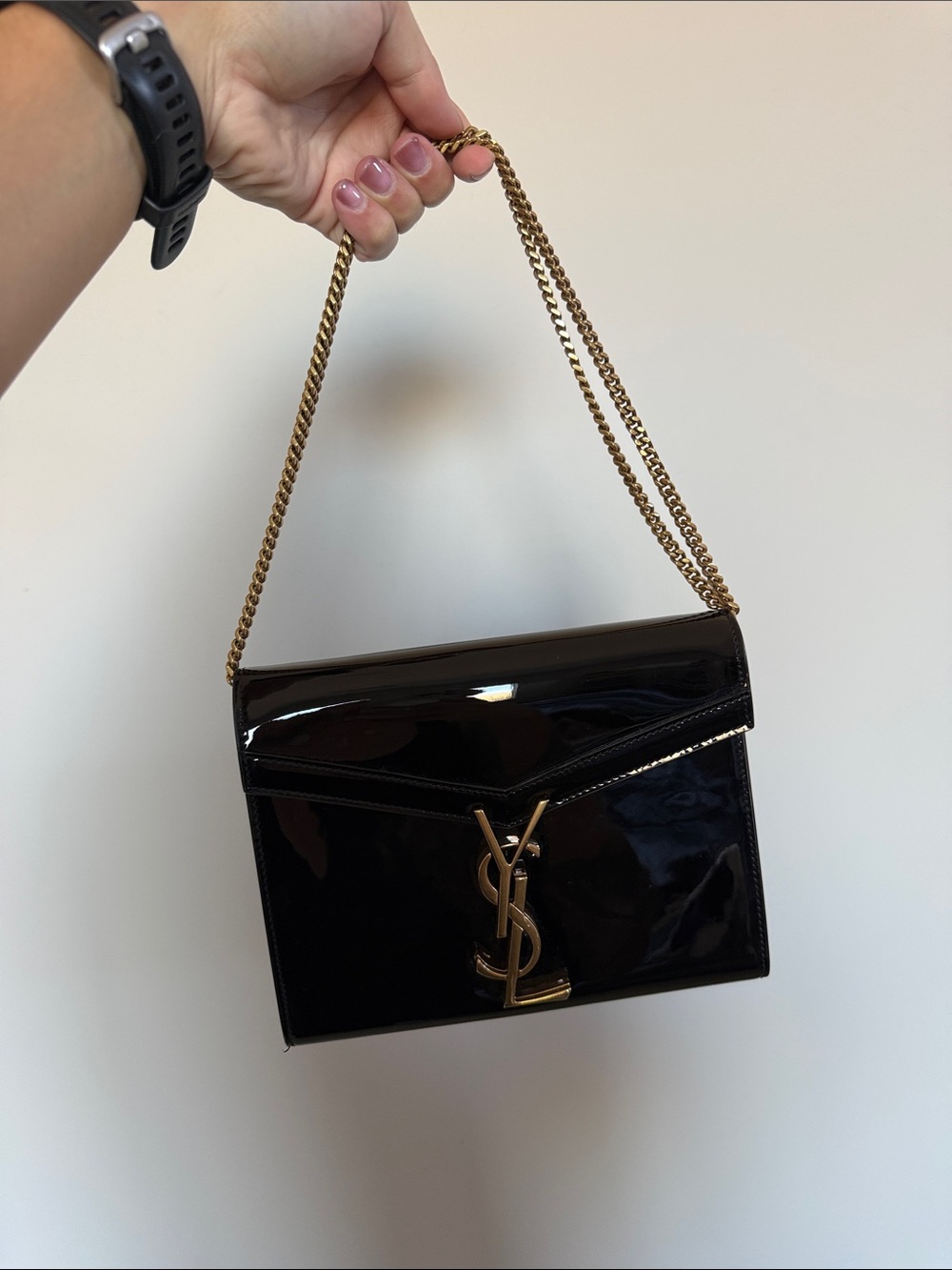 Yes Saint Laurent Black Patent Leather Monogram Clutch Bag with Gold Crossbody